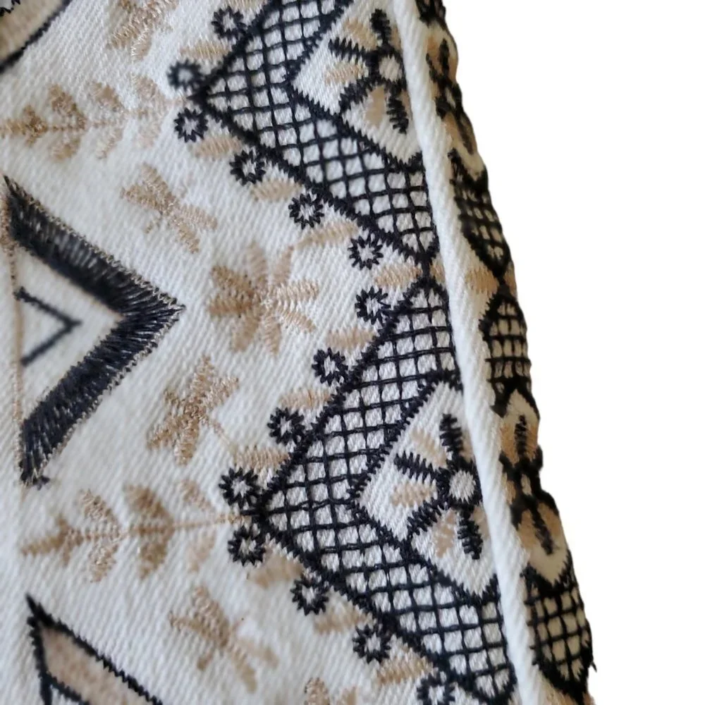 Pilcro and the Letterpress by Anthropolgie Boho Embroidery Cream Denim Skirt